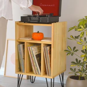 Record Display Shelf | 4 Compartment Vinyl Record Storage | Narrow Solid Wood Record Player Stand