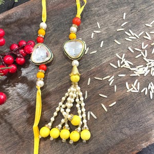 Kundan Pearl Rakhi For Bhaiya and Bhabhi, Rakhi for Brother, Indian Thread Bracelet, Rakhi Combo Set, Couple Rakhi, Rakhi Card and Hampers