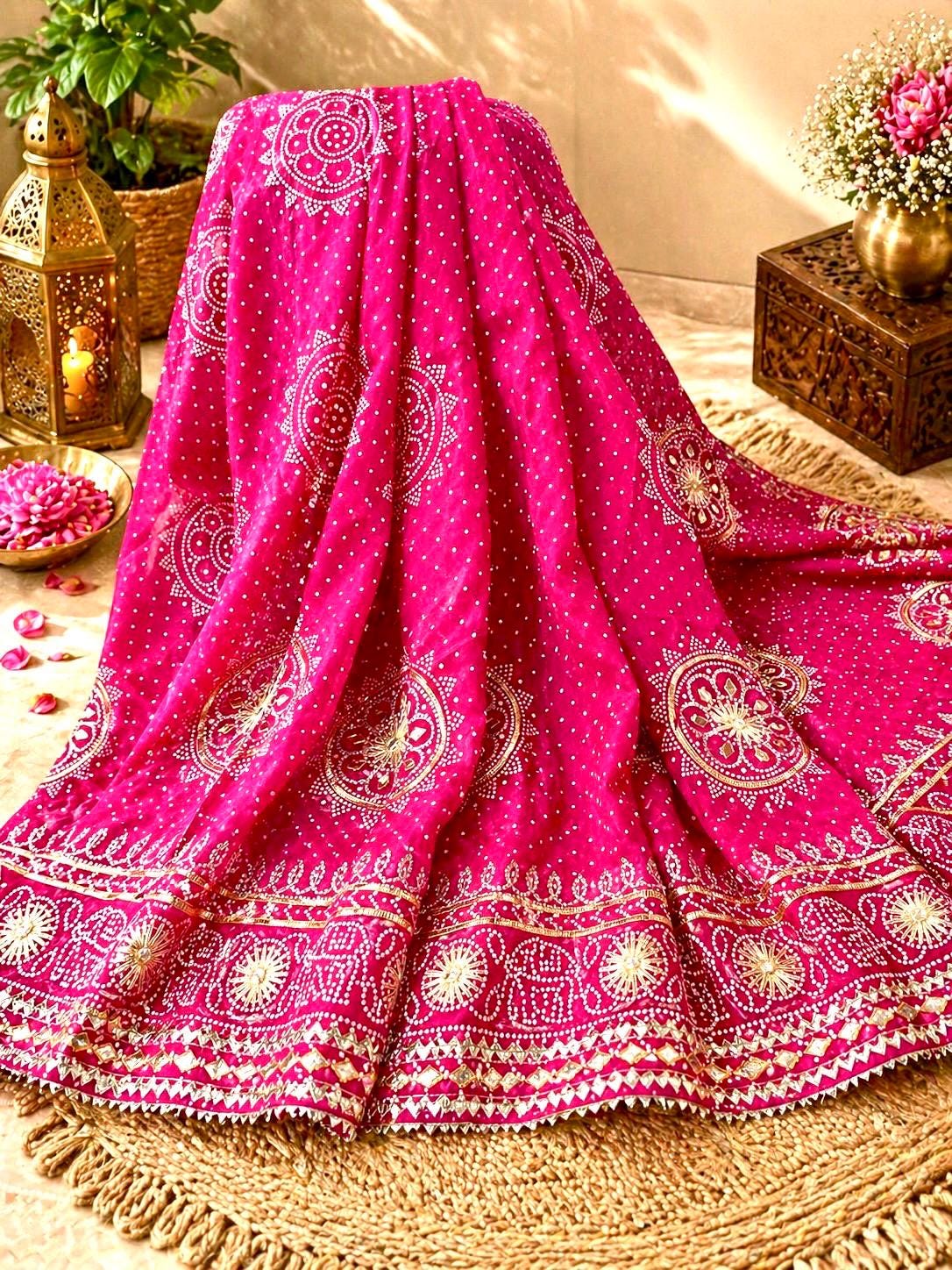 Madala Rupa Rani Rani Bandhani Saree With Kaccha Gota Work | Mandala Print Saree ...