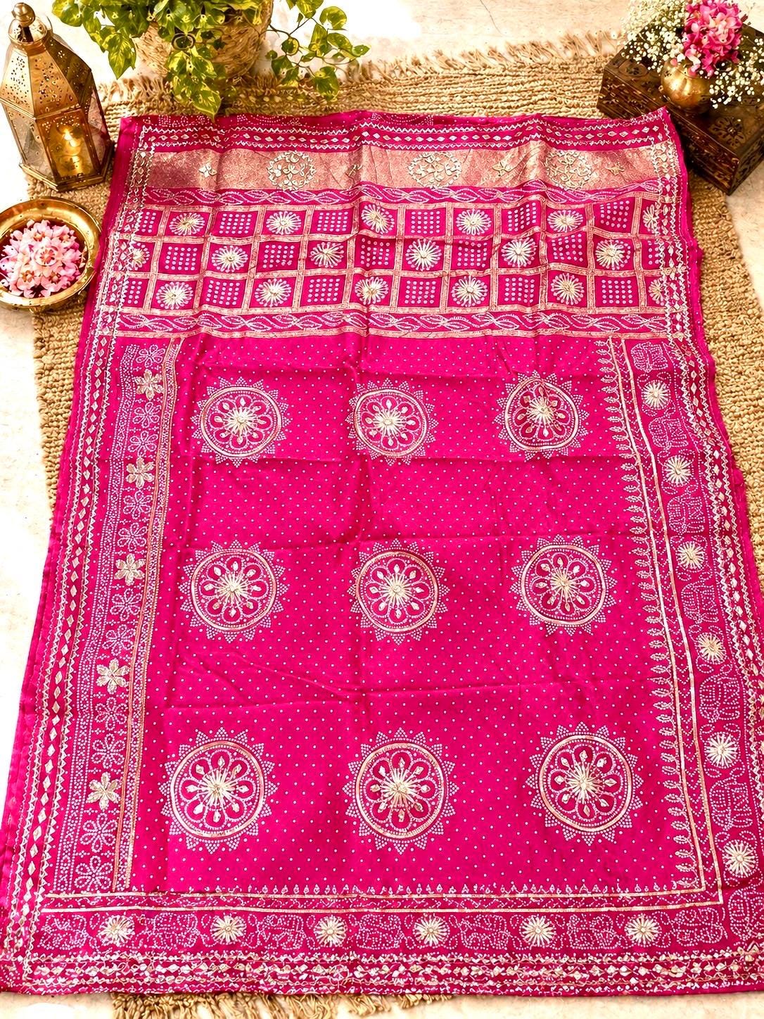Madala Rupa Rani Rani Bandhani Saree With Kaccha Gota Work | Mandala Print Saree ...
