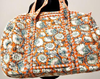 Quilted Cotton Duffle Bag | Handmade Floral Weekender Bag | Travel Tote | Indian Block Print Bag | Lightweight Carry On | Gift for Her
