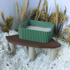 May include: A sage green square container with a vertically ribbed exterior texture sits atop a brown triangular platform supported by three cylindrical beige legs. The container is filled with a fine, light-colored granular substance.