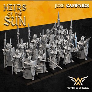 May include: A collection of grey miniature warrior figurines standing on square black bases. Each figure wears ornate armour with a tall, crested helmet and carries a long spear and a shield. The text HEIRS OF THE SUN and JUNE CAMPAIGN is visible.