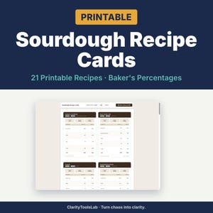 Sourdough Recipe Cards | 21 Printable Recipes with Baker's Percentages | Starter & Discard | Digital Download