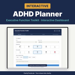 ADHD Planner | Executive Function Toolkit for Adults | Interactive Dashboard | Time Estimation & Task Breakdown