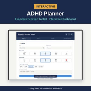ADHD Planner | Executive Function Toolkit for Adults | Interactive Dashboard | Time Estimation & Task Breakdown