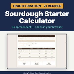 Puede incluir: Una herramienta digital de calculadora de masa madre mostrada en una pantalla. La interfaz presenta el texto True Hydration 21 Recipes, Sourdough Starter Calculator y No spreadsheet — opens in your browser. Muestra una tabla de recetas con pesos de ingredientes en gramos.