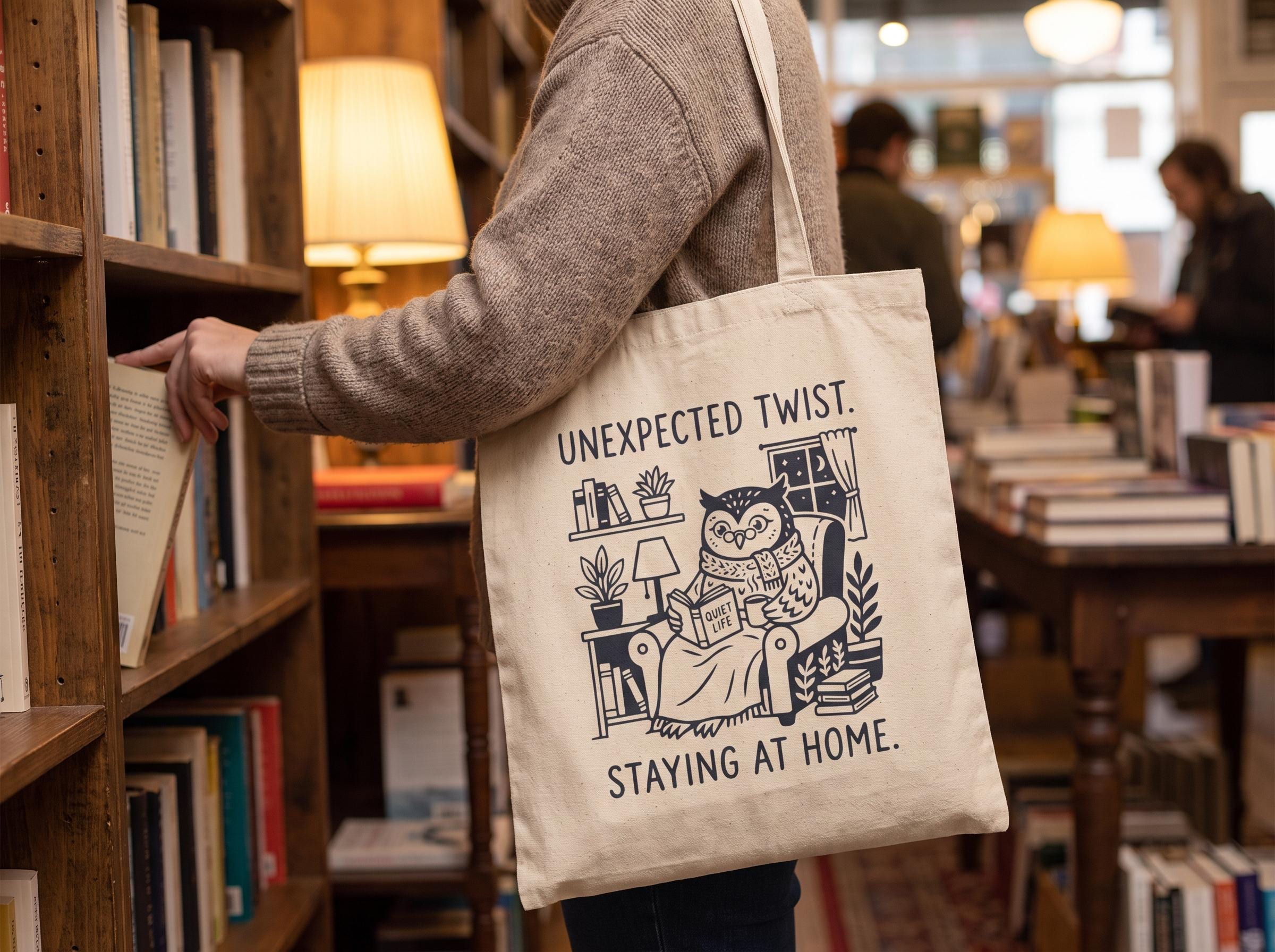 Canvas Tote Bag, Owl Reading Book, Introvert Gift, Cozy Library Tote