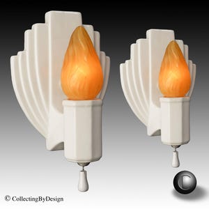 PAIR Efcolite Skyscraper Art Deco Porcelain Sconce Light Fixtures c.1939  RESTORED