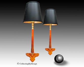 PAIR Tall Butterscotch Marbled Catalin Bakelite Art Deco Lamps c.1937 - RESTORED