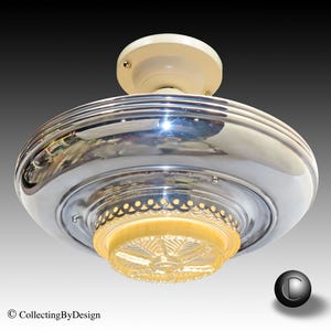 Vintage 3-Chain Streamline Art Deco Aluminum & Pressed Glass Ceiling Light Fixture c.1939 RESTORED