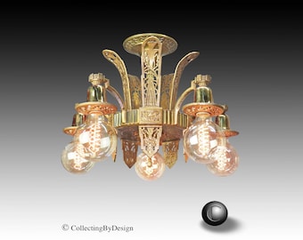 Villaret Modernist Art Deco Cast Bronze & Brass Semi-Flush Chandelier Light Fixture c.1930 - RESTORED