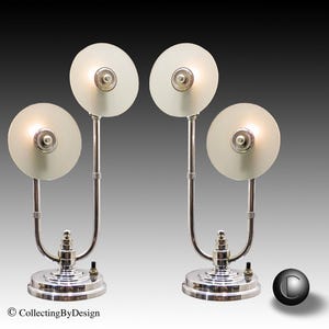 MATCHED PAIR of Machine Age Art Deco Chrome & Glass Double Lamps c.1937  RESTORED
