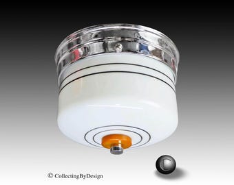 Streamline Ringed Milk Glass Flush Ceiling Fixture c.1937 RESTORED