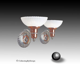 PAIR Lightolier Machine Age Art Deco Chrome & Copper Slip Shade Sconces c.1935