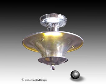 1935 Art Metal Company Machine Age Art Deco Double Shade Pendant Ceiling Light Fixture  RESTORED