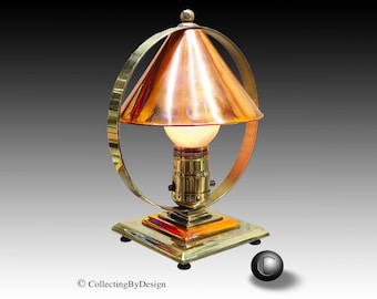 ONE (1) 1930s Chase Era Machine Age Deco Brass & Copper Accent Lamp * RESTORED (2 Available)