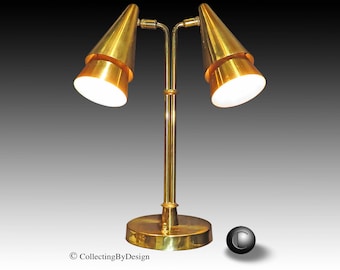 Rembrandt Early MCM Modernist Brass Double Cone Desk or Table Lamp c.1950 RESTORED