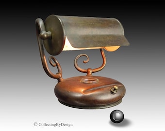 Vintage Petite Patinated Brass Desk Lamp with Inkwell c.1930 - RESTORED