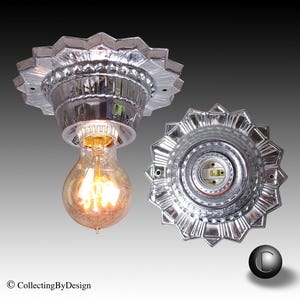 1930&#39;s Art Deco Sunburst Chrome Pressed Steel Ceiling Fixture (2 Available)
