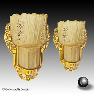 PAIR 1933 Lightolier &quot;Stylux&quot; Art Deco Sconces w/Consolidated Glass Slip Shades RESTORED