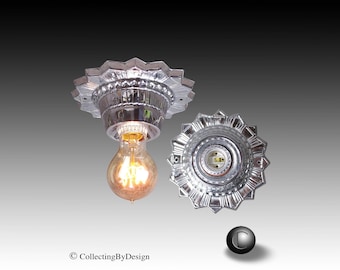 1930's Art Deco Sunburst Chrome Pressed Steel Ceiling Fixture (2 Available)