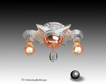 Globe Art Deco Chrome & Copper Double Bulb Flush Ceiling Light Fixture c.1935 RESTORED