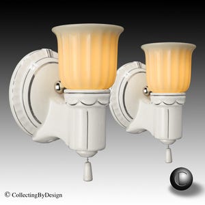 PAIR Porcelier Silvered Streamline Art Deco Porcelain Sconces w/Glass Shades c.1938 - RESTORED