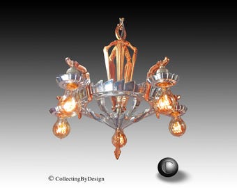 Modernist Art Deco Chrome & Copper Cast Iron Chandelier c.1930  RESTORED