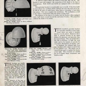 Puede incluir: Anuncio vintage de l&aacute;mparas de porcelana ALABAX. La p&aacute;gina muestra varios dise&ntilde;os de soportes, incluidos tipos de cadena y sin llave, con y sin pantallas. El di&aacute;metro de la base es de 13 cm, y la proyecci&oacute;n sin la pantalla es de 8,6 cm.