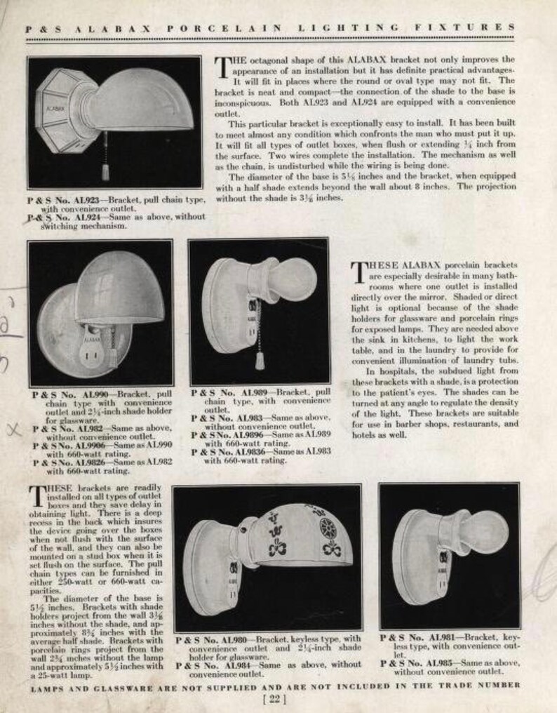 Puede incluir: Anuncio vintage de l&aacute;mparas de porcelana ALABAX. La p&aacute;gina muestra varios dise&ntilde;os de soportes, incluidos tipos de cadena y sin llave, con y sin pantallas. El di&aacute;metro de la base es de 13 cm, y la proyecci&oacute;n sin la pantalla es de 8,6 cm.