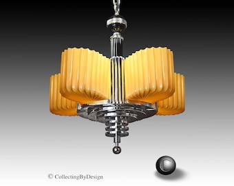 MARKEL Machine Age Art Deco Chrome Slip Shade Chandelier c.1936