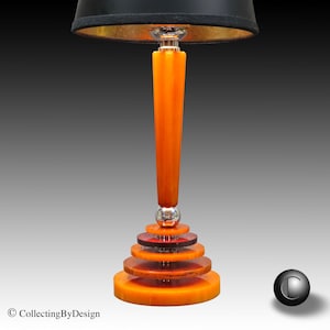 Vintage Ringed Skyscraper Art Deco Butterscotch Catalin/Bakelite & Chrome Lamp c.1937