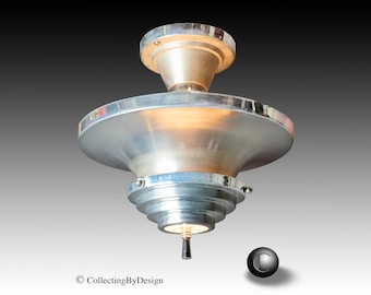 1934 Art Metal Company Skyscraper Art Deco Double Shade Ceiling Light Fixture #1- RESTORED (2 Available)