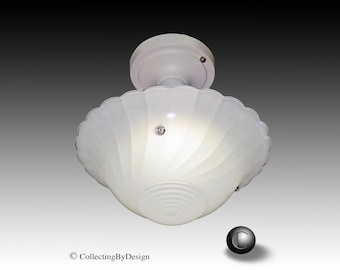 Vinatge 3-Chain Art Deco Thick Frosted Swirl Glass Ceiling Light Fixture c.1935