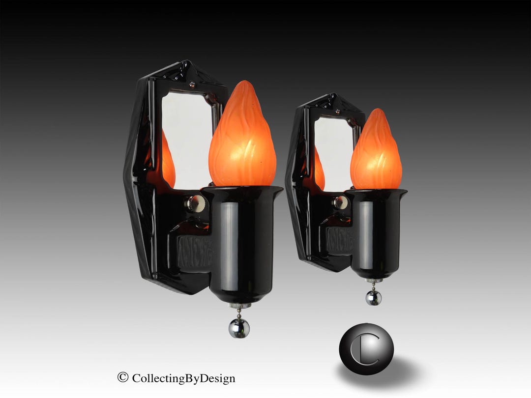 PAIR Art Deco Mirrored Porcelain Sconce Light Fixtures C.1930 RESTORED ...