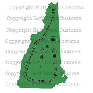 May include: A green outline of the state of New Hampshire with a black dotted line forming a loop inside the state. The loop is a representation of a road or trail.