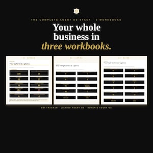 May include: A promotional image with the text "Your whole business in three workbooks." Three workbooks are displayed, each with data tables. The top text reads "THE COMPLETE AGENT OS STACK - 3 WORKBOOKS."