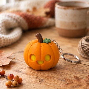 May include: A bright orange pumpkin keyring featuring a smooth, rounded design with a brown stem and a small green leaf. The pumpkin has a carved face with yellow eyes and a yellow mouth, attached to a silver metal keyring and chain.