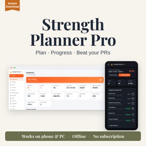 Puede incluir: Interfaz de software digital Strength Planner Pro mostrada en un monitor de escritorio y una pantalla de teléfono inteligente. El panel muestra métricas de entrenamiento, progreso de la sesión y datos de entrenamiento con texto en naranja y gris.