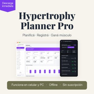 May include: Hypertrophy Planner Pro digital fitness tracking software displayed on a computer screen and a smartphone. The interface features a dashboard with workout statistics, progress charts, and a dark mode mobile session view.
