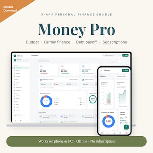 Puede incluir: Un paquete de 5 aplicaciones de finanzas personales titulado Money Pro, que muestra un panel digital en la pantalla de una computadora portátil y un teléfono inteligente. La interfaz muestra presupuesto, finanzas familiares y seguimiento de deudas.