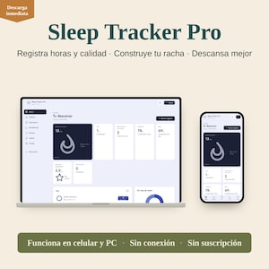 Puede incluir: Una interfaz de aplicación de seguimiento del sueño en una pantalla de portátil y un smartphone. El panel muestra secciones en azul oscuro y blanco con el texto Sleep Tracker Pro, Tu descanso y varias métricas de datos.
