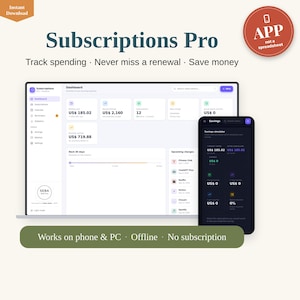 Puede incluir: Interfaz del software Subscriptions Pro mostrada en la pantalla de una computadora portátil y un teléfono inteligente. El panel muestra datos financieros, seguimiento de suscripciones y simuladores de ahorro con texto que incluye Subscriptions Pro, Track spending, Never miss a renewal, Save money y Works on phone & PC, Offline, No subscription.