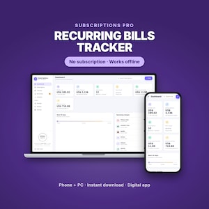 Puede incluir: Una aplicación digital de seguimiento de facturas recurrentes mostrada en la pantalla de un portátil y un smartphone sobre un fondo morado. La interfaz muestra un panel con datos financieros y el texto Subscriptions Pro.