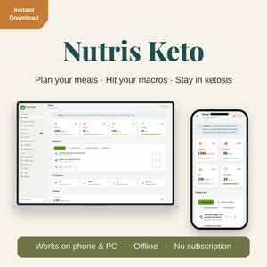 Puede incluir: Una aplicación digital de planificación de comidas Nutris Keto mostrada en la pantalla de una computadora portátil y un teléfono inteligente. La interfaz muestra métricas de seguimiento de calorías, proteínas, grasas y carbohidratos netos.