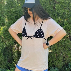 Patchwork Bikini T-Shirt: Pink Polka Dot Appliqué Summer Tee