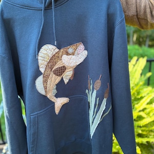 Fish Appliqué Hoodie,  Patchwork Fishing Sweatshirt,  Handmade Fishing Gift, One of a kind Outdoors Hoodie