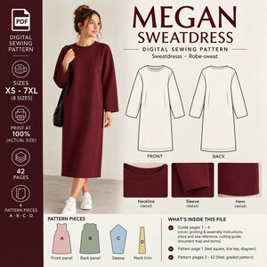 May include: A digital sewing pattern for a Megan sweatdress, featuring a maroon long-sleeve dress, technical line drawings of front and back views, detail shots of the neckline, sleeve, and hem, and four pattern pieces labeled A, B, C, and D.