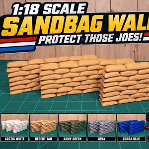 May include: 1:18 scale sandbag walls with the text 1:18 SCALE SANDBAG WALLS PROTECT THOSE JOES! The set features tan sandbag barriers and includes five color options: arctic white, desert tan, army green, gray, and cobra blue.